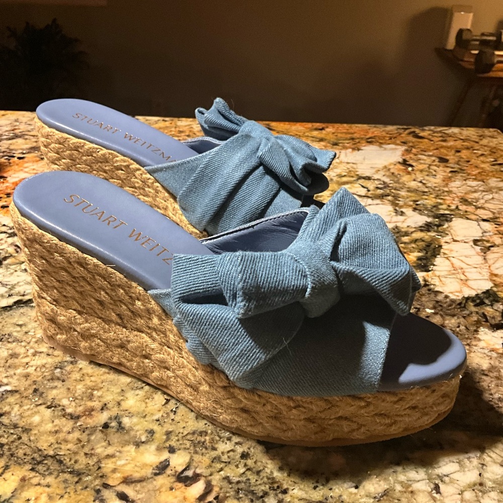 Stuart Weitzman Blue Denim Loveknot Bow Wedge Espadrilles